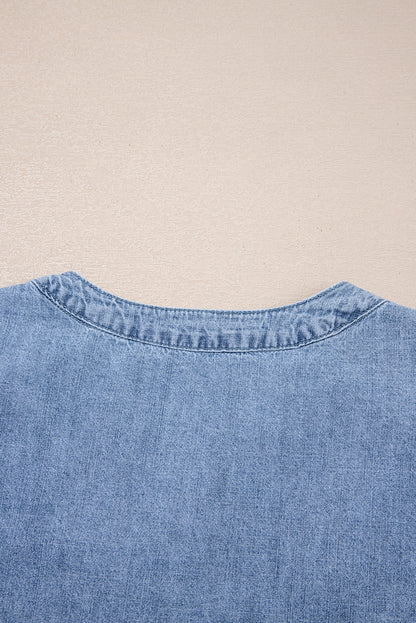 Myosotis Pleated Puff Sleeve Split V Neck Denim Top