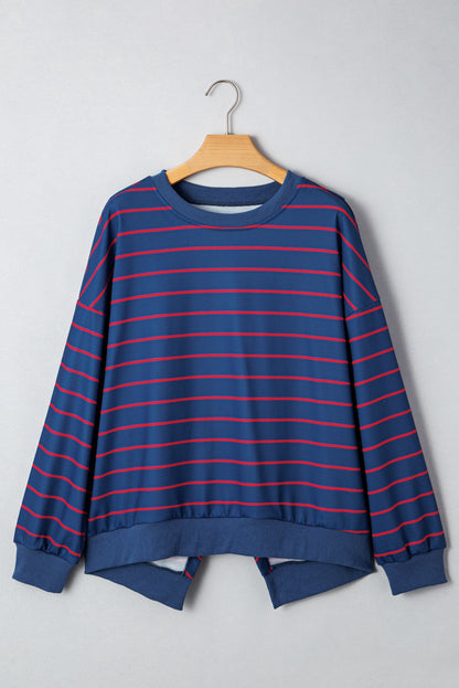 Blue Striped Overlap Detail Drop Shoulder Pullover Sweatshirt