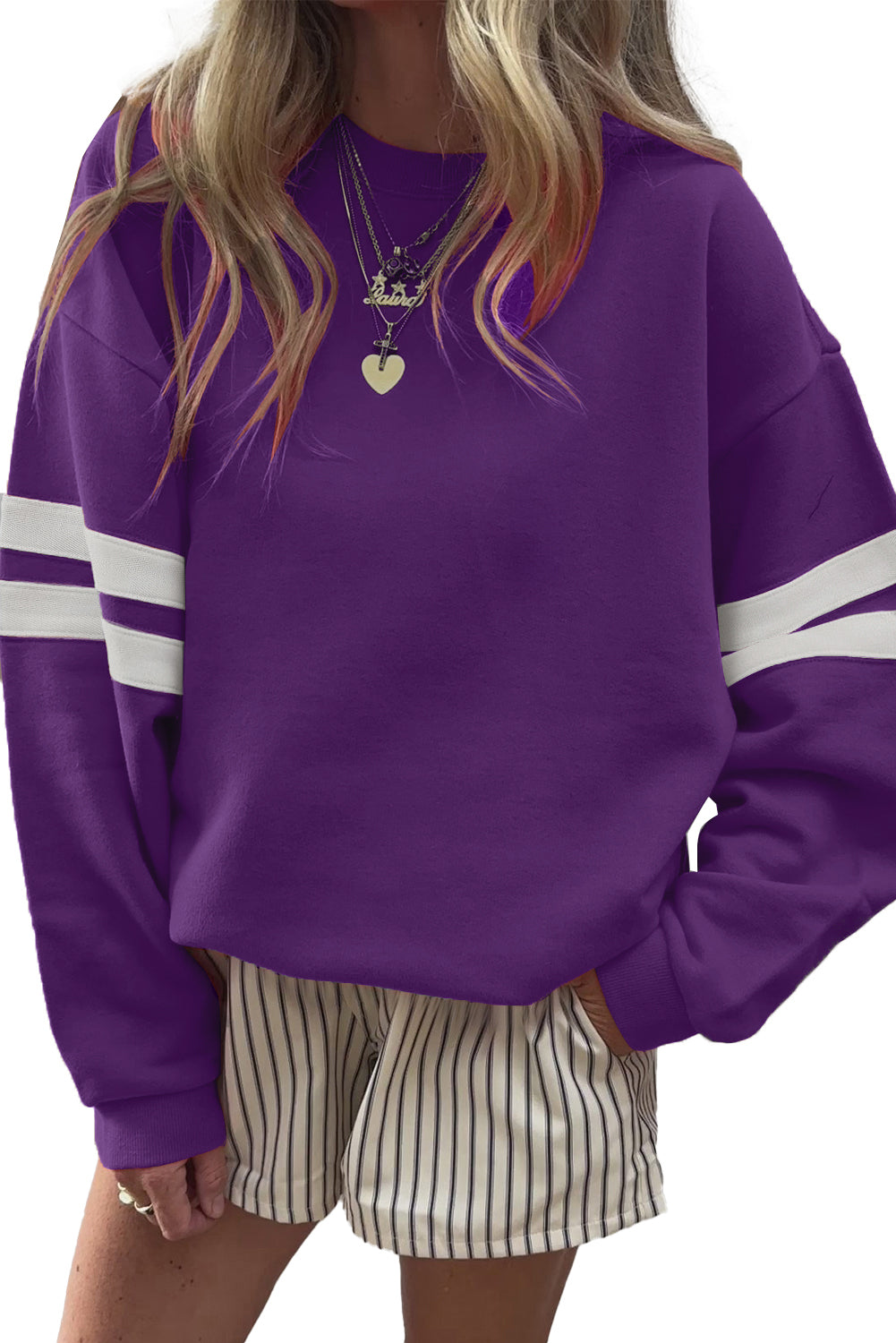 Tillandsia Purple Preppy Striped Sleeve Loose Sweatshirt