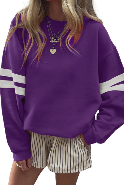 Tillandsia Purple Preppy Striped Sleeve Loose Sweatshirt