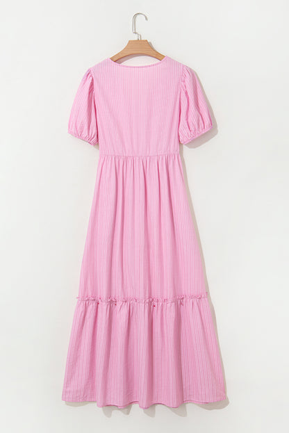 Pink Striped V Neck Puff Sleeve Frill Tiered Maxi Dress