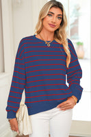 Blue Striped Overlap Detail Drop Shoulder Pullover Sweatshirt