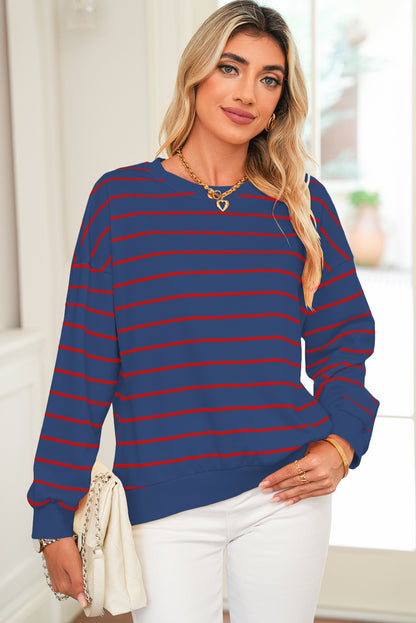 Blue Striped Overlap Detail Drop Shoulder Pullover Sweatshirt