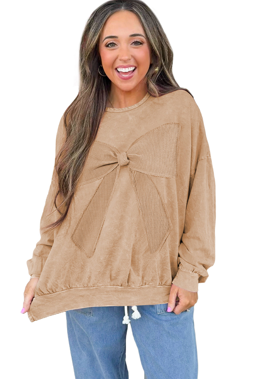 Light French Beige Mineral Wash Waffle Bow Patched Pullover Sweatshirt