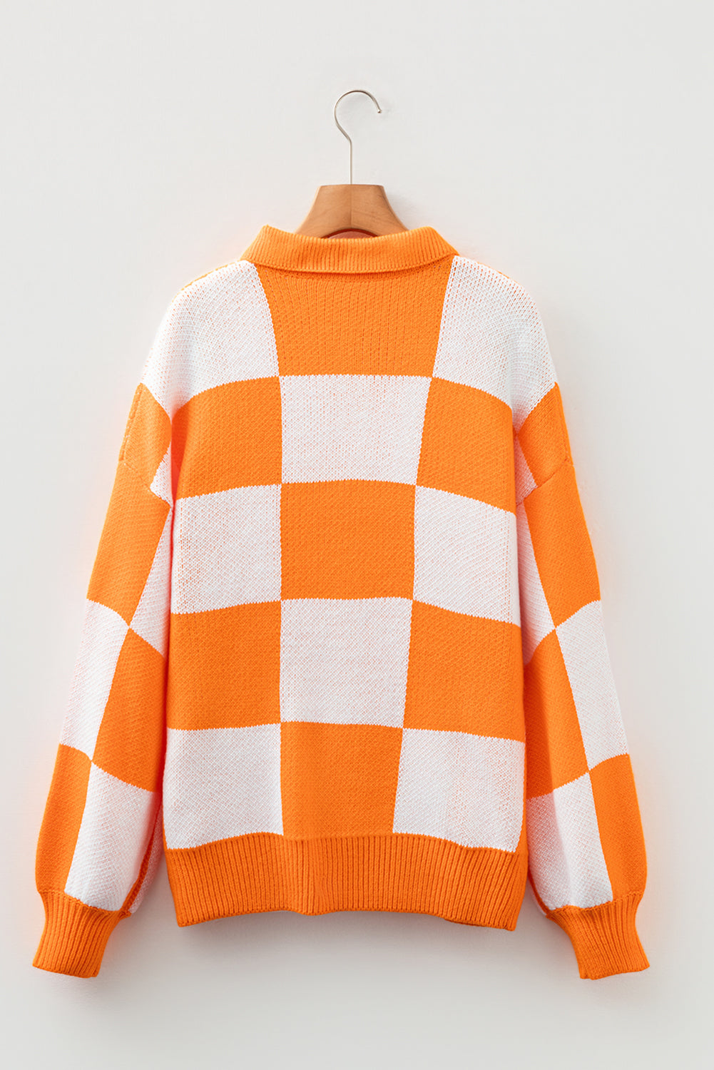 Grapefruit Orange Checkered V-Neck Collared Pullover Sweater
