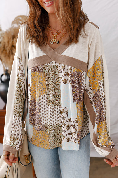 White Floral Print Patchwork Long Sleeve Top