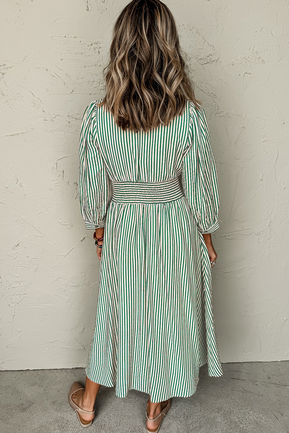 Green Striped V Neck Zip Front Cinched High Waist Midi Dress