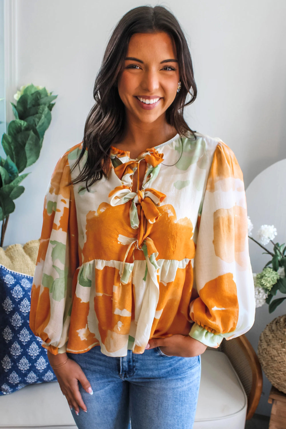 Carrot Abstract Print Bubble Sleeve Bow Front Top