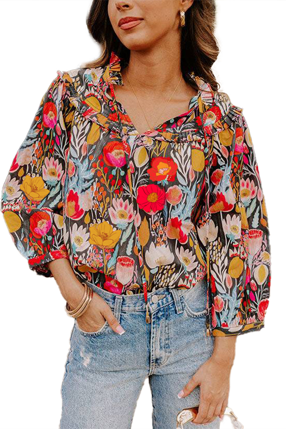 Black Floral Print 3/4 Puff Sleeve Frill Neck Blouse