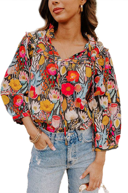 Black Floral Print 3/4 Puff Sleeve Frill Neck Blouse
