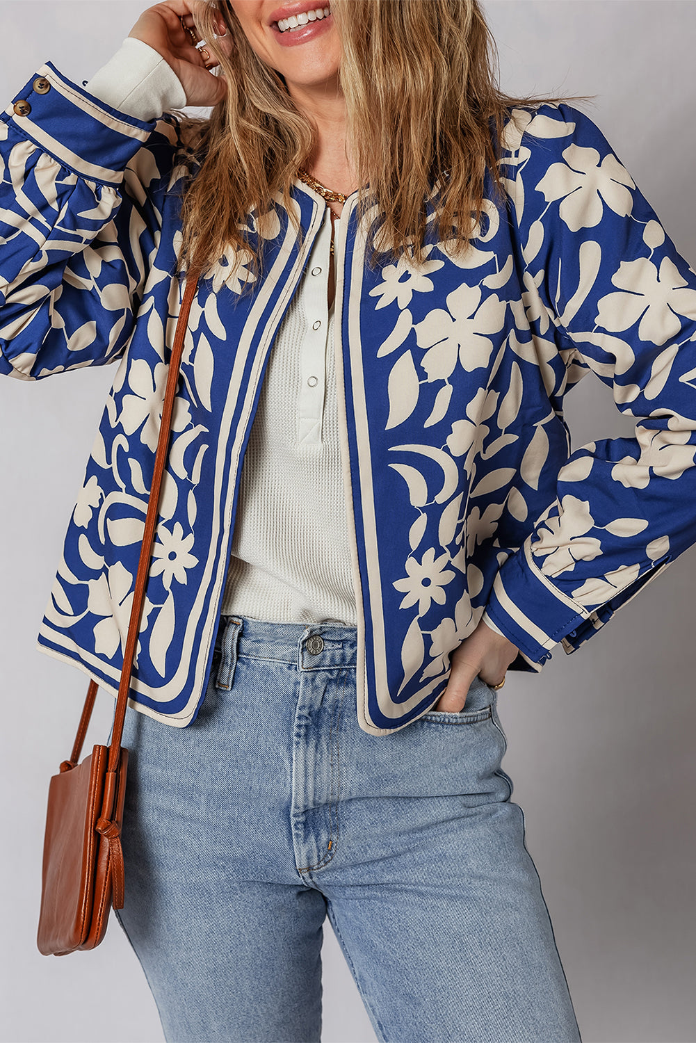 Blue Flower Print Open Front Buttoned Cuffs Jacket