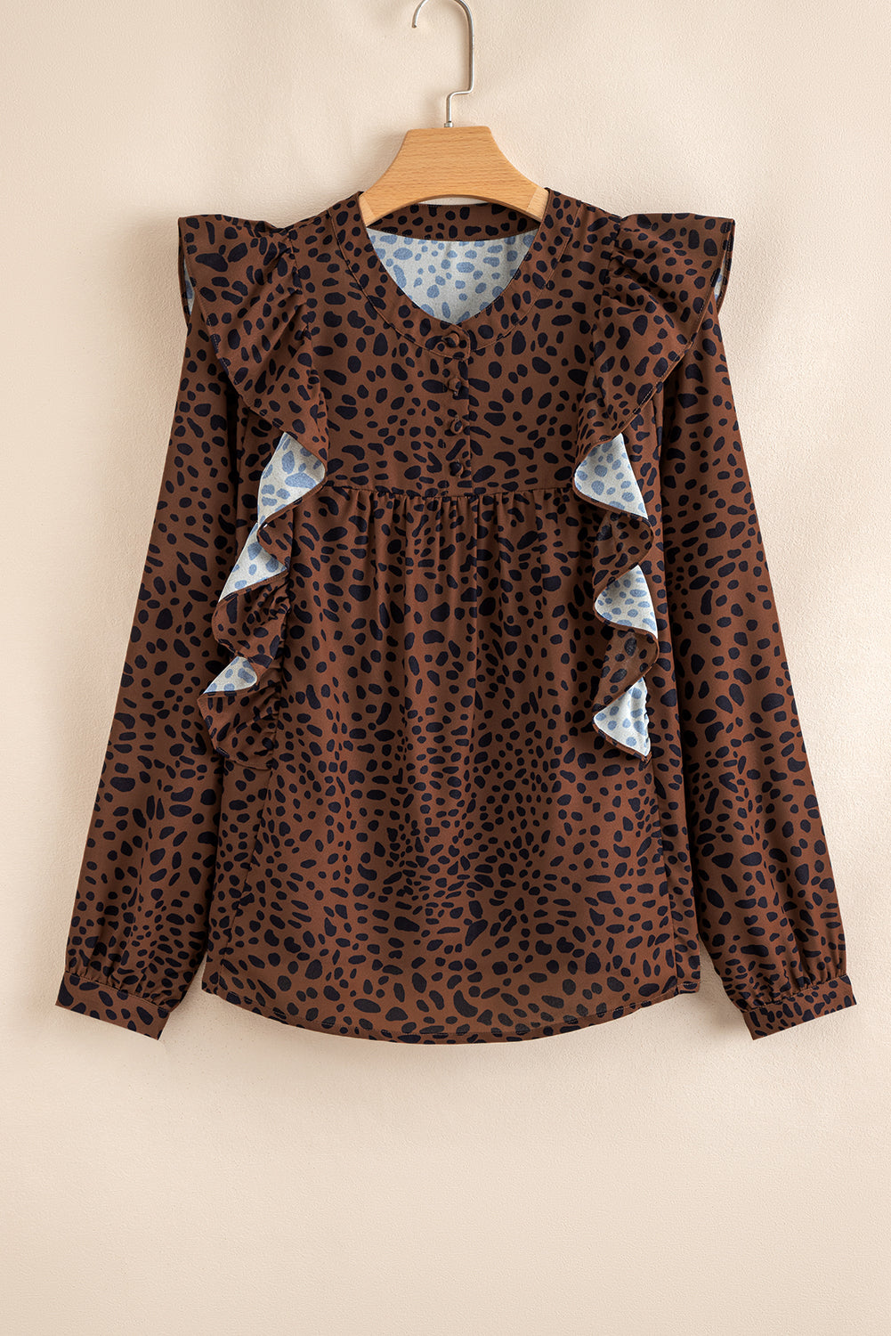 Brown Leopard Print Ruffle Puff Sleeve Blouse