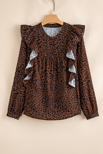 Brown Leopard Print Ruffle Puff Sleeve Blouse