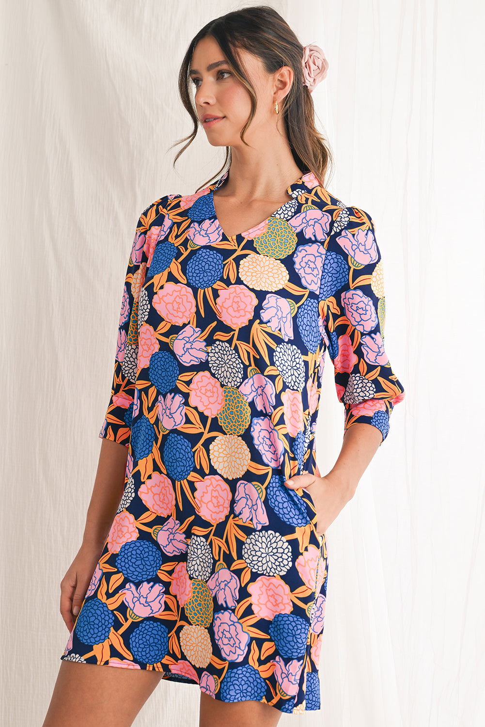 Navy Blue Hydrangea Floral V Neck Puff Sleeve Dress