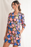 Navy Blue Hydrangea Floral V Neck Puff Sleeve Dress