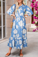 Sky Blue Floral Print Puff Sleeve Collared Dress