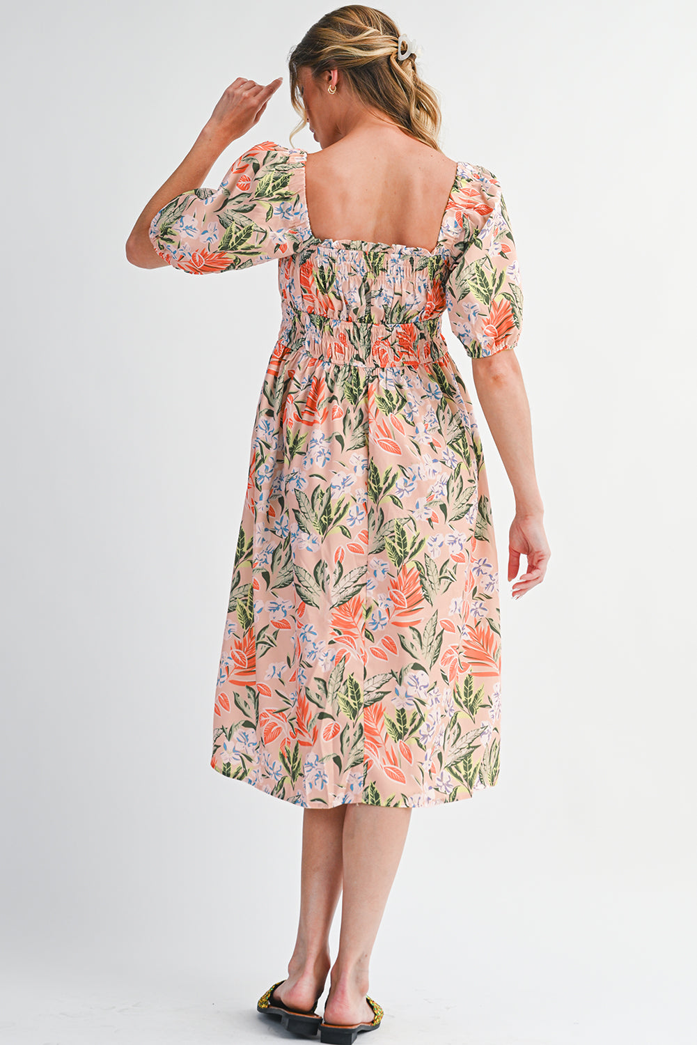 Apricot Pink Floral Knot Front Smocked Bubble Sleeve Dress