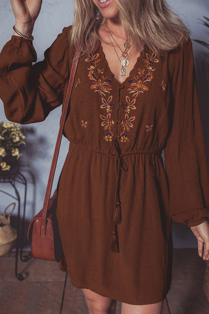 Burgundy Floral Embroidered Tassel Tie Waist Long Sleeve Mini Dress