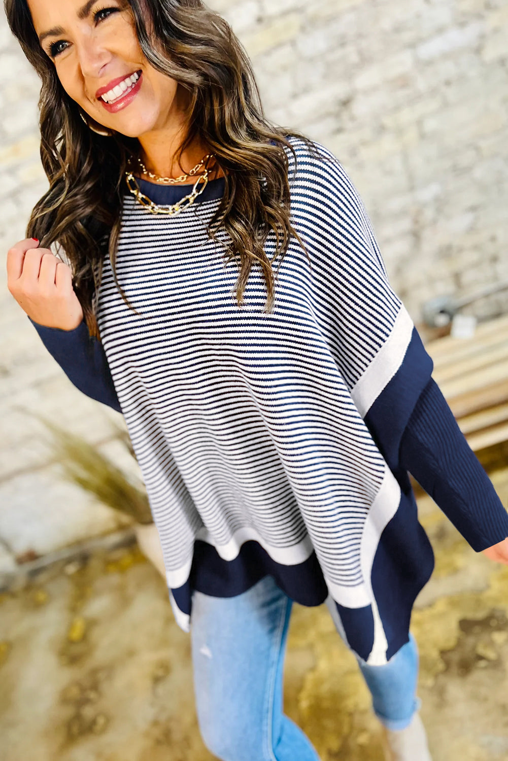 Blue Striped Colorblock Patchwork Dolman Oversize Tunic Sweater