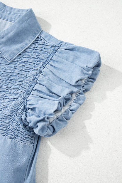 Beau Blue Flutter Sleeve Shirred Button Up Denim Mini Dress