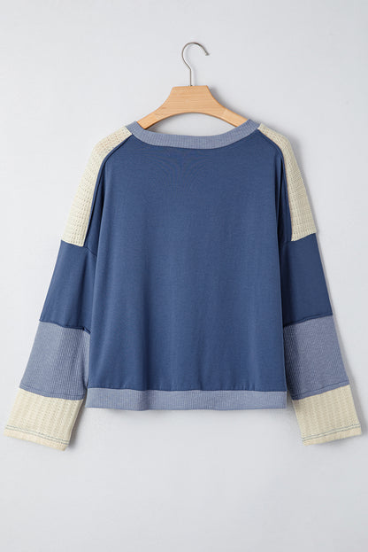 Dark Blue Knitted Colorblock Patchwork Star Patched Long Sleeve Top