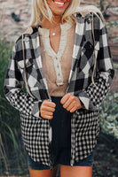 Black Plaid Patchwork Drawstring Hooded Raw Hem Shacket