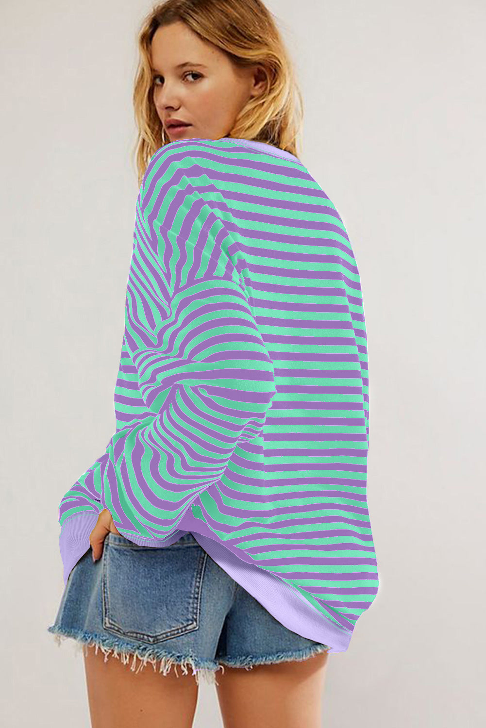 Blue Striped Contrast Trim Drop Shoulder Sweatshirt