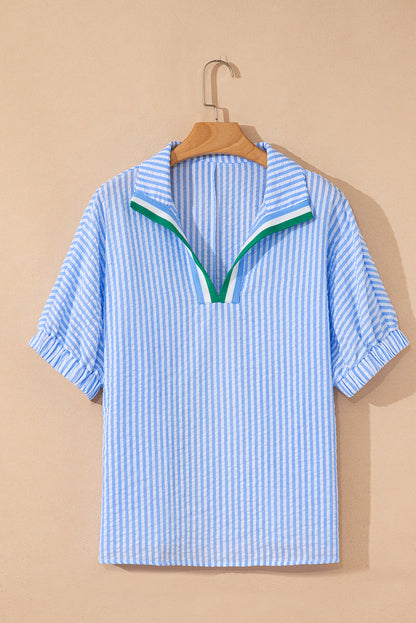 Sky Blue Striped Dolman Sleeve Pop of Color Neckline Blouse