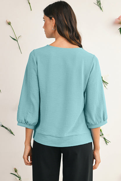 Moonlight Jade Frill V Neckline Puff Sleeve Crinkled Blouse
