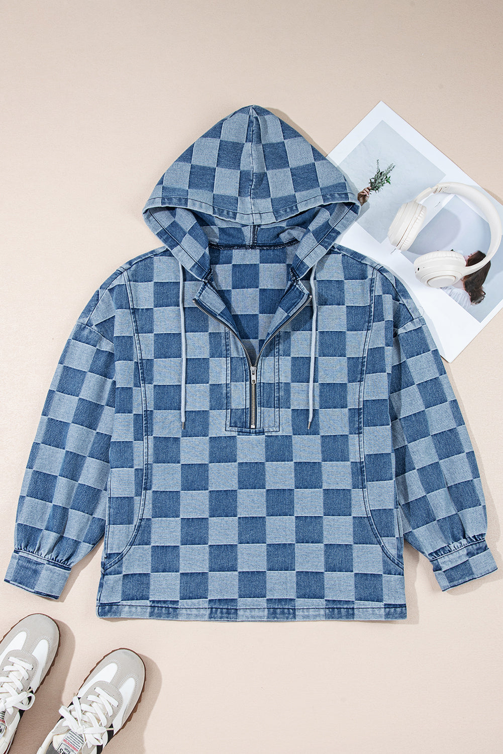 Sky Blue Checkerboard Zipped Collar Kangaroo Pocket Denim Hoodie