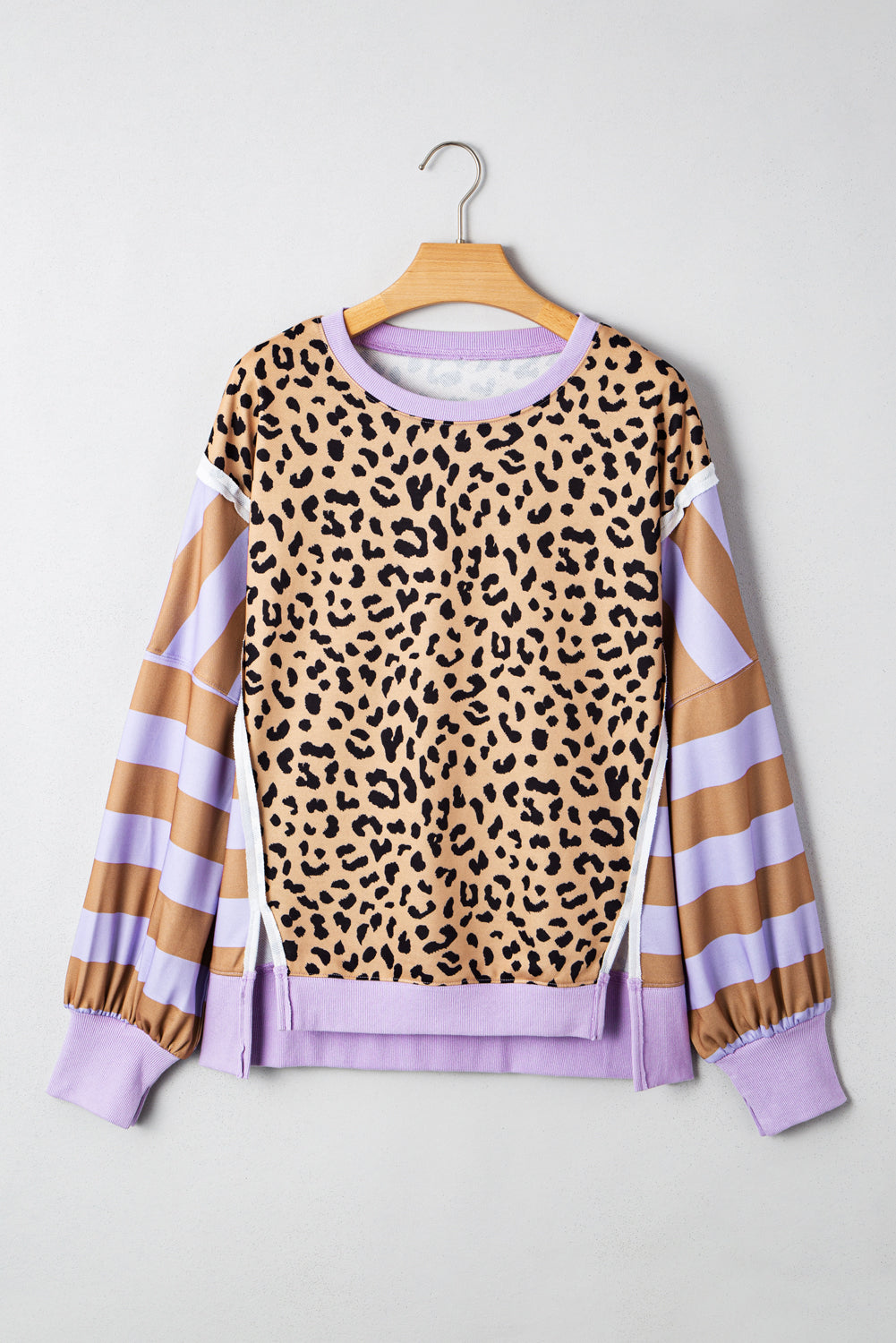 Purple Striped Leopard Colorblock Side Slits Sweatshirt