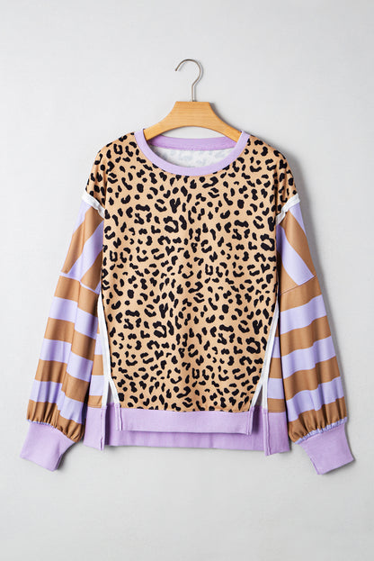 Purple Striped Leopard Colorblock Side Slits Sweatshirt