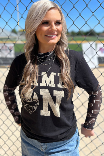 Black Game Day Football Mesh Sheer Long Sleeve Top