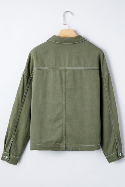 Smoke Green Pocket Collared Button Front Denim Jacket