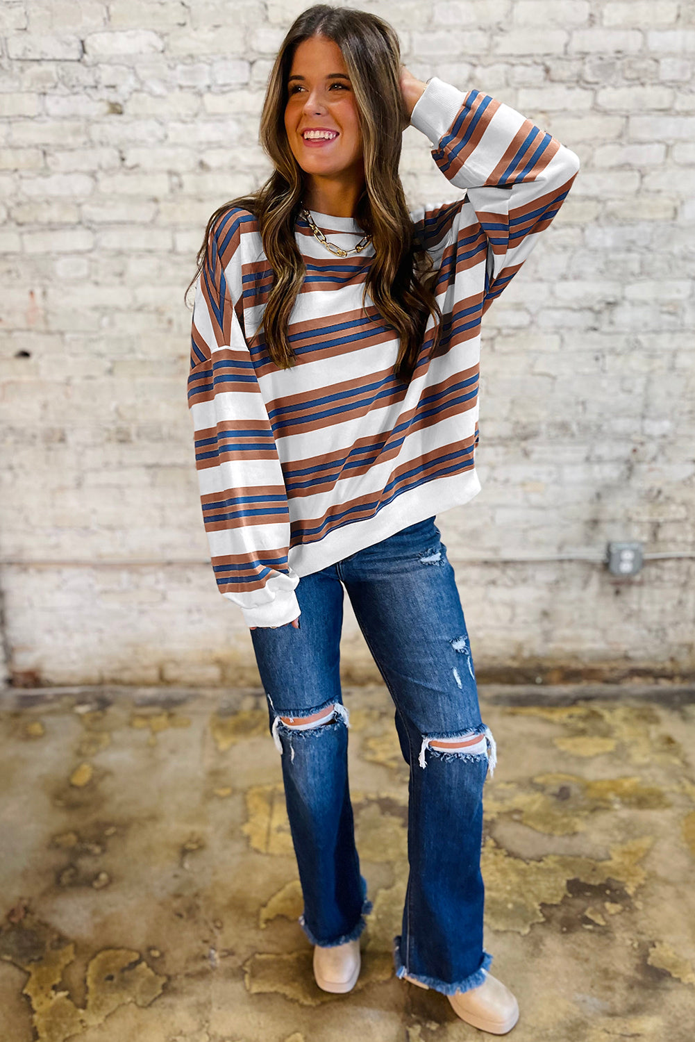 Brown Stripe Crew Neck Drop Shoulder Pullover Sweatshirt
