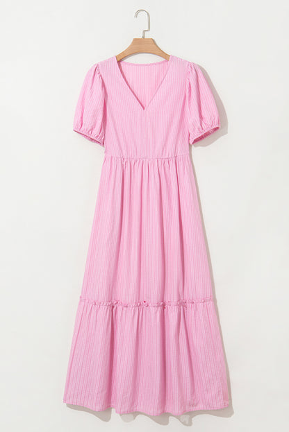 Pink Striped V Neck Puff Sleeve Frill Tiered Maxi Dress