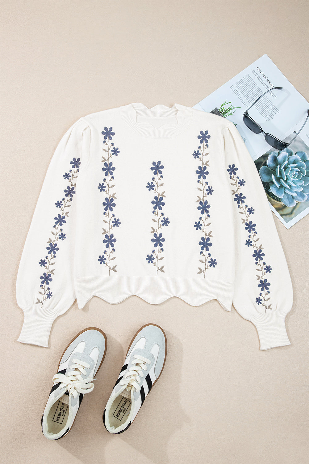 White Floral Embroidered Scallop Hem Cropped Sweater