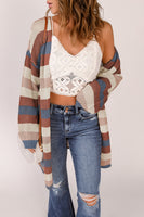 Dark Blue Color Block Striped Cut Out Knit Cardigan