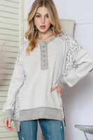 Grey Leopard Print Raglan Sleeve Casual Henley Sweatshirt