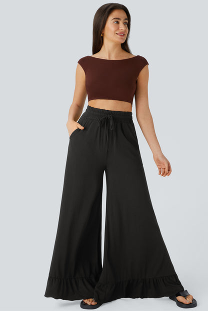 Black Solid Color Ruffle Hem Wide Leg Pants