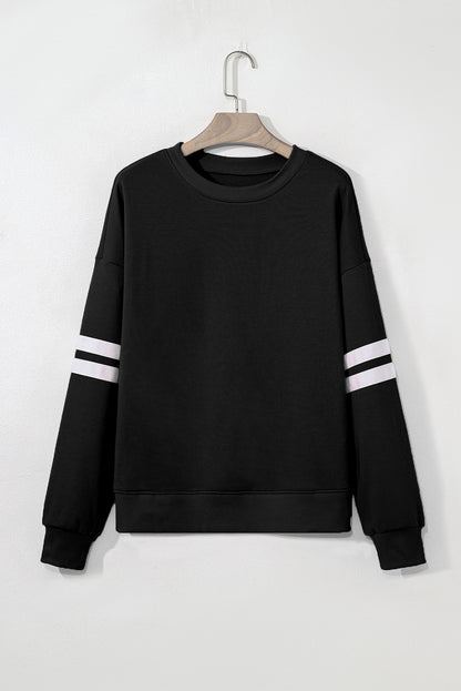 Black Preppy Striped Sleeve Loose Sweatshirt