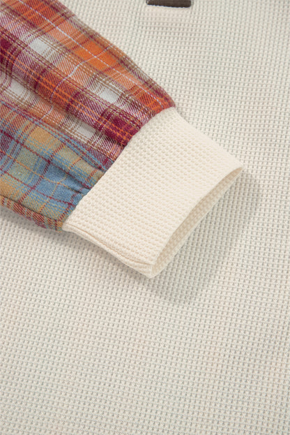 Beige Waffle Stripe Plaid Patchwork Henley Top