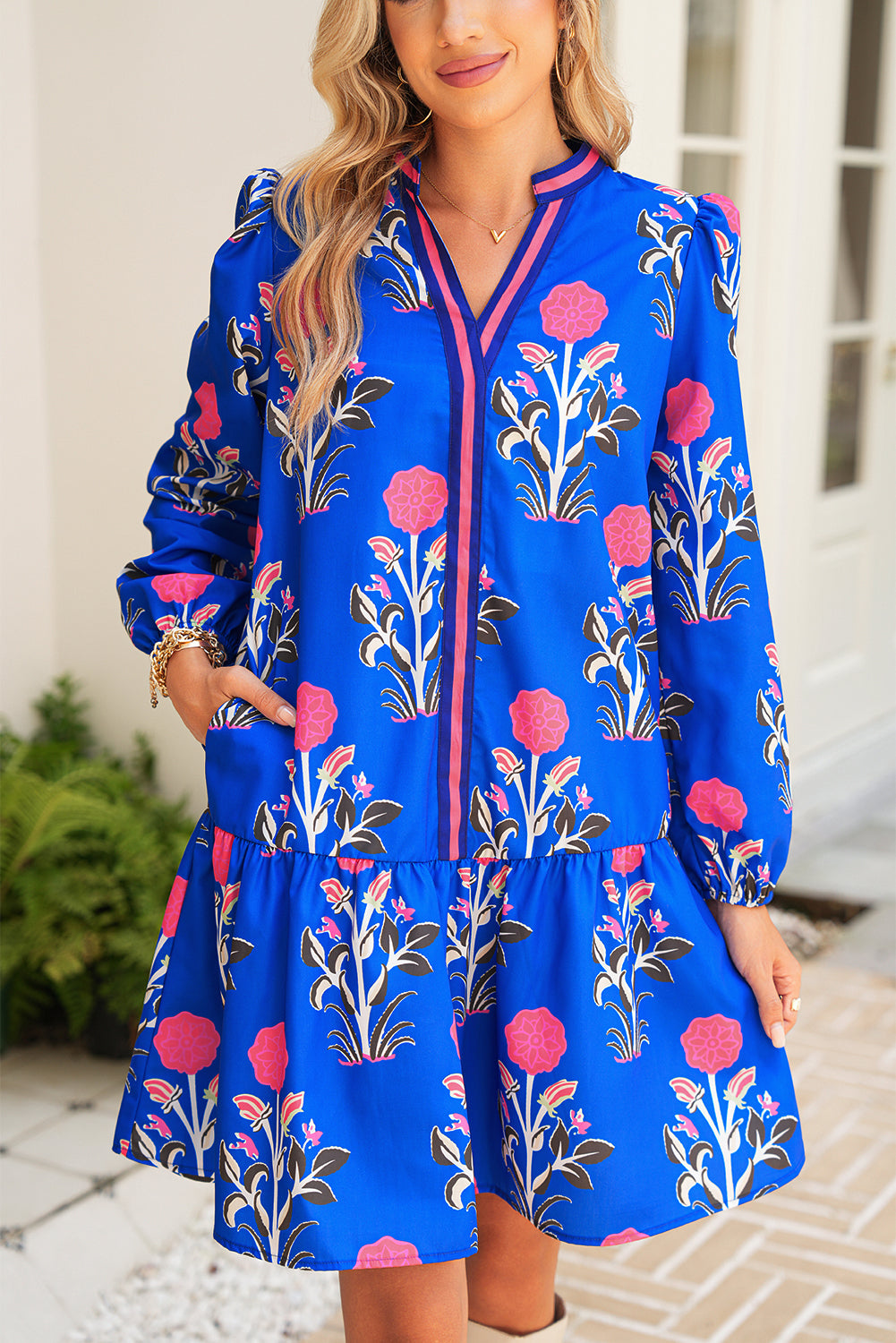 Sky Blue Floral Print Pop of Color V Neck Mini Dress