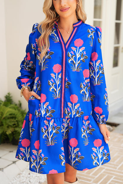 Sky Blue Floral Print Pop of Color V Neck Mini Dress