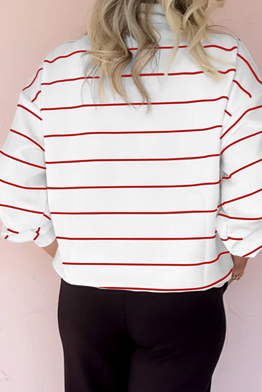 Fiery Red Striped Zipper V-Neck Drop Sleeve Top